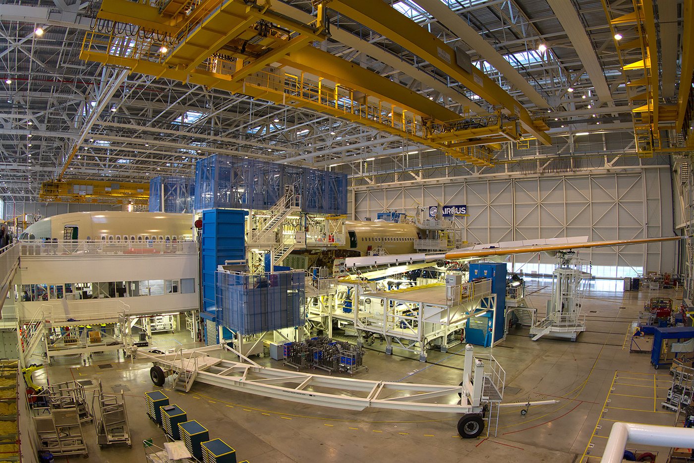 An Airbus A350 aircraft on the assembly line in Toulouse